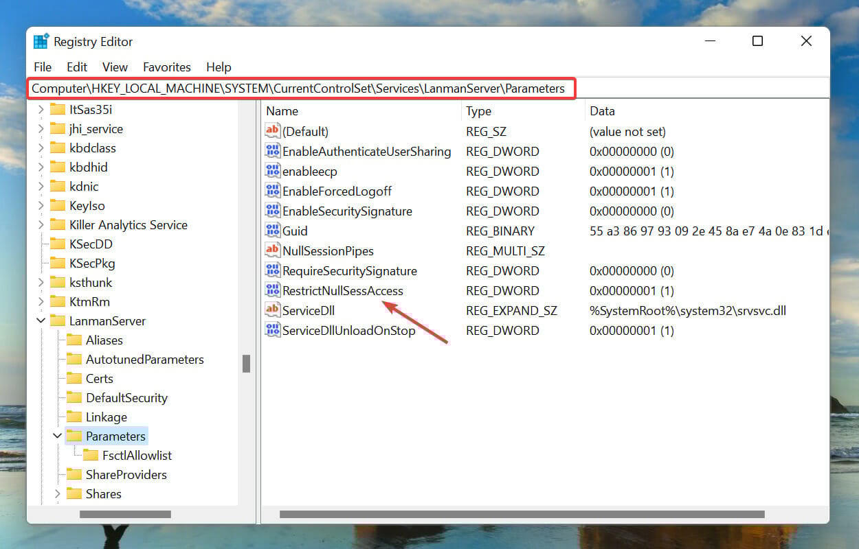 Modifica restrictnullsessaccess