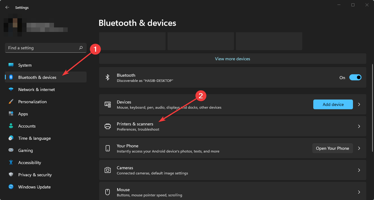Открытие «Принтеры и сканеры» в настройках Windows 11