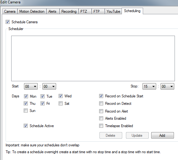 Настройка расписания записи на iSpy