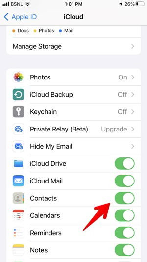Включение синхронизации контактов в iCloud на iPhone