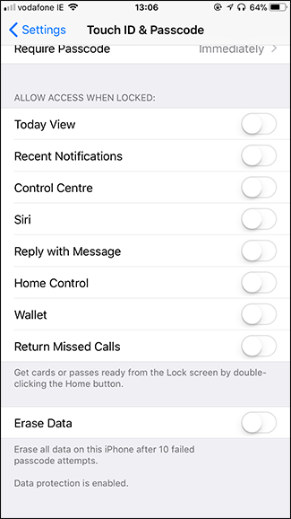 Те же опции — все выключено, кроме камеры