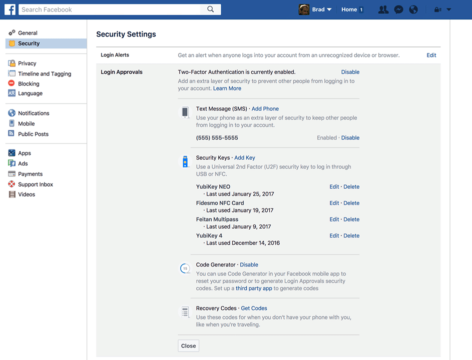 Физический ключ безопасности USB и интерфейс Facebook