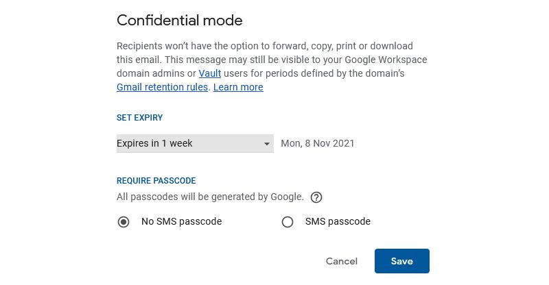 Интерфейс Gmail: включение конфиденциального режима