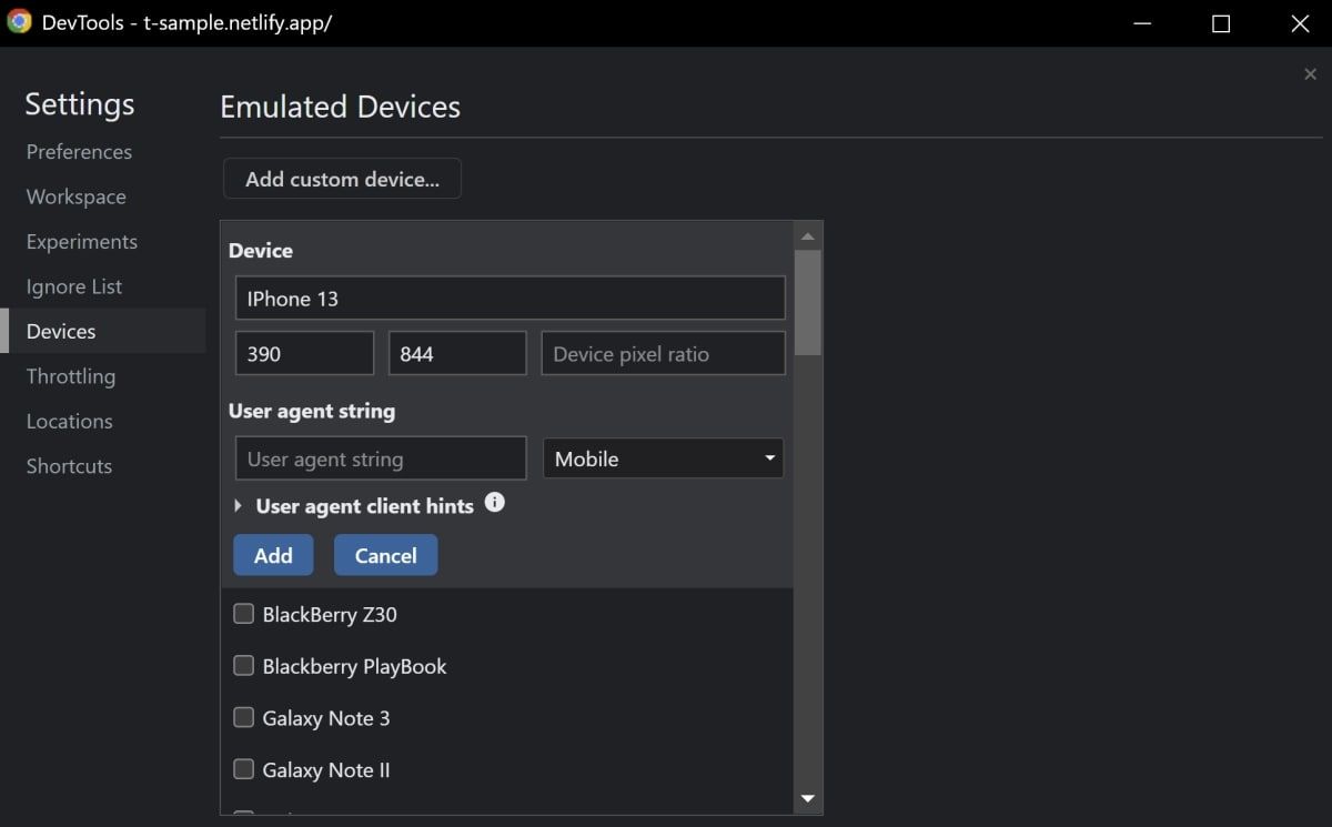 Меню добавления собственного устройства