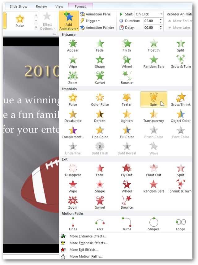 Добавить анимацию через кнопку Add Animation