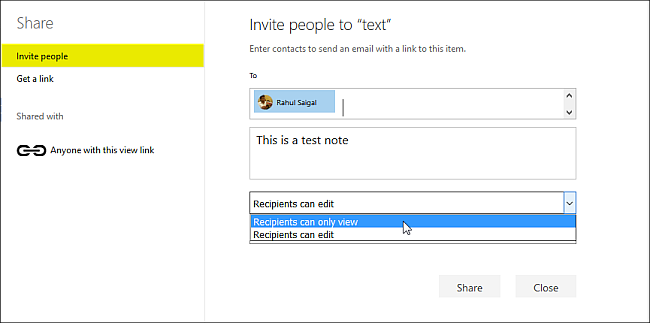 Скриншот: приглашение людей в общую папку OneDrive