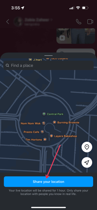 Кнопка «Share your location» в прямом сообщении Instagram