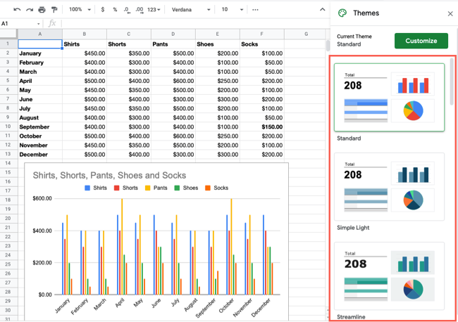 Боковая панель Темы в Google Таблицах