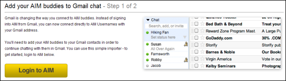 Окно: пример добавления контакта AIM в Gmail, адрес формата screenname@aol.com.