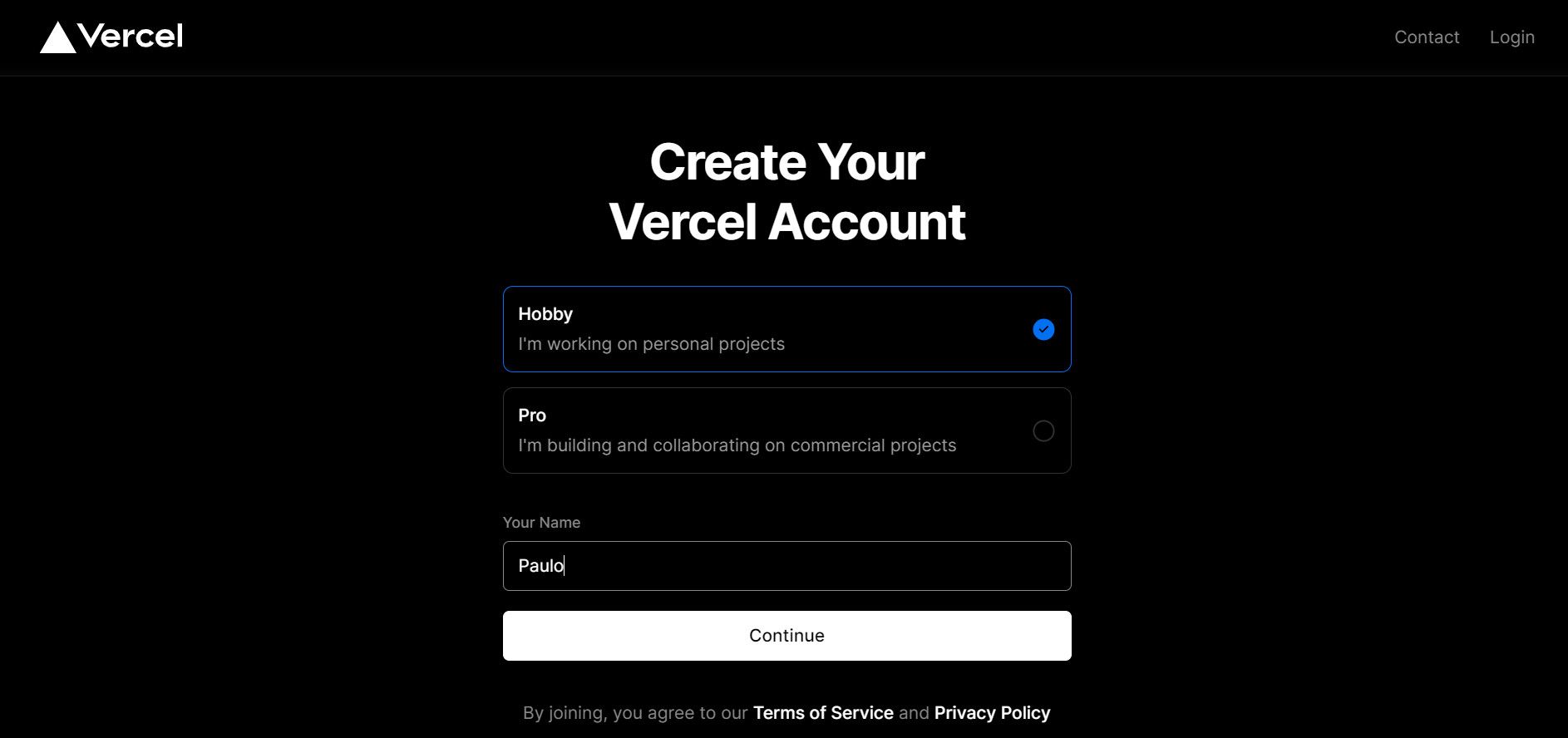 Vercel signup
