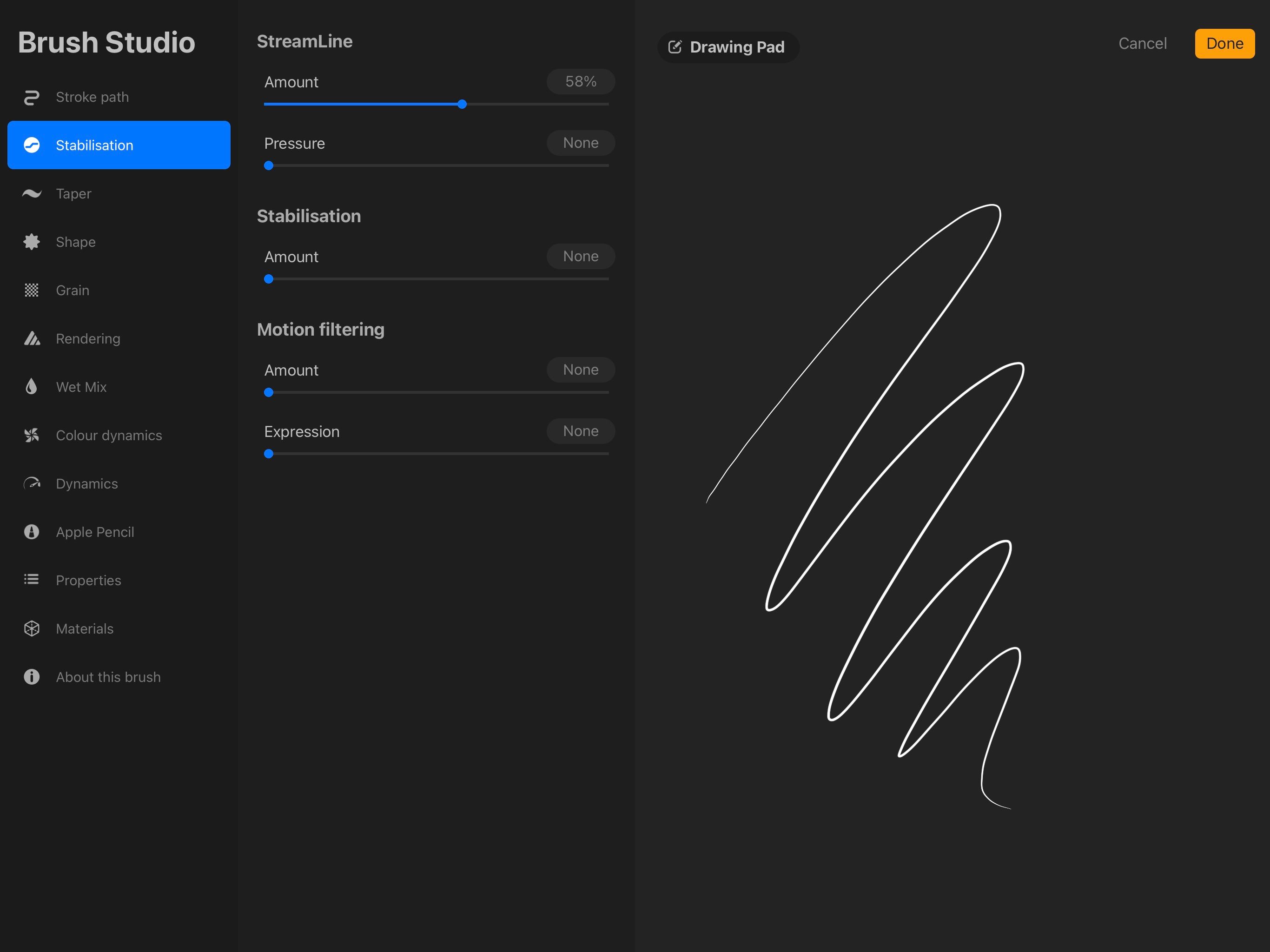 Окно Brush Studio с активированным параметром Streamline, установленным на 58%.