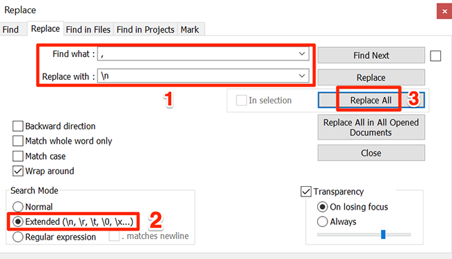 Окно замены с режимом Extended