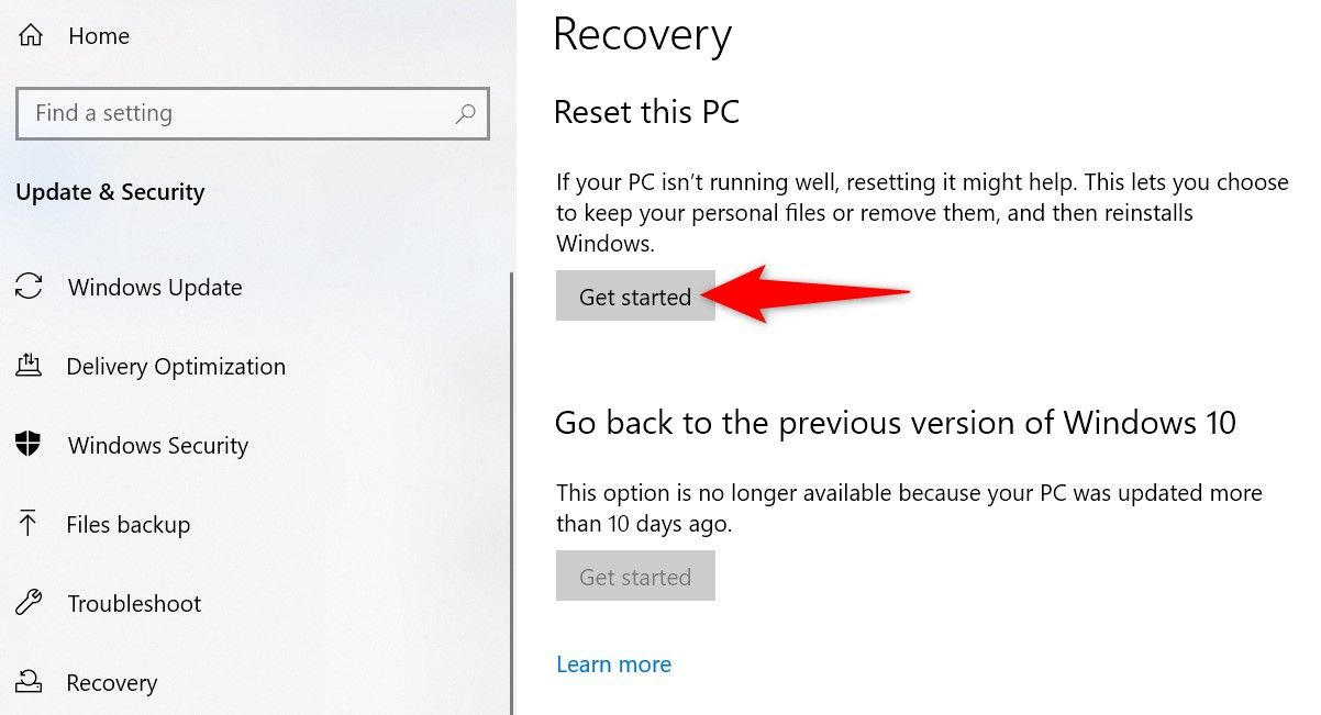 'Кнопка «Начать» в разделе «Сбросить этот ПК» в Параметрах Windows 10.'