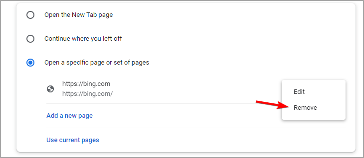 Удаление Bing из списка страниц при запуске Chrome