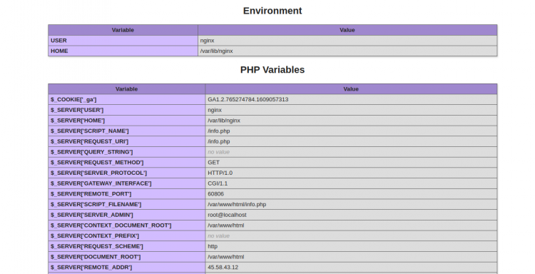 Страница phpinfo() через Nginx как обратный прокси