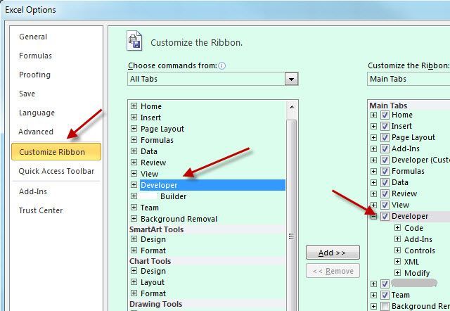 Настройка ленты Excel для отображения Разработчика