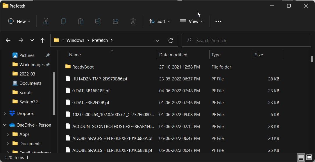 Папка Prefetch в Проводнике Windows
