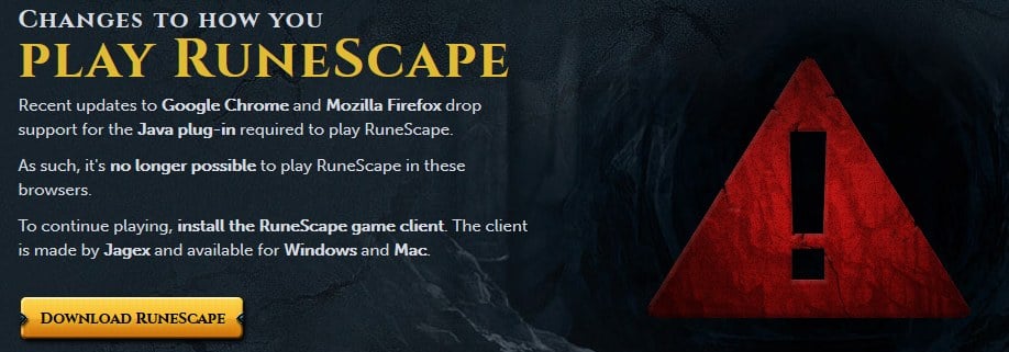 Сообщение о поддержке браузера для RuneScape