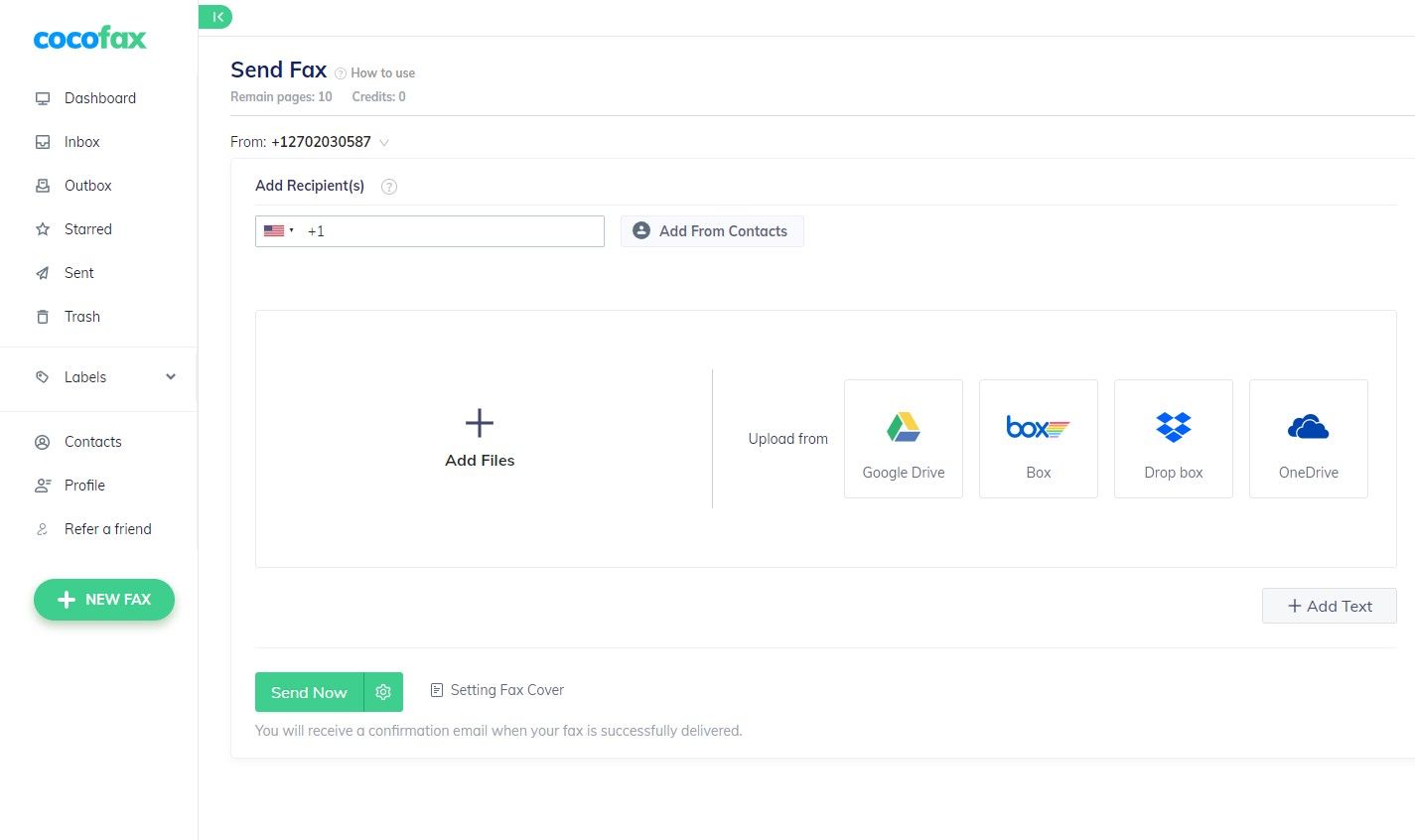 Панель управления CocoFax.