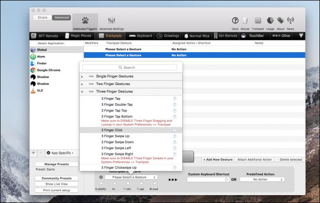 Выбор триггера «3 Finger Click» в BetterTouchTool