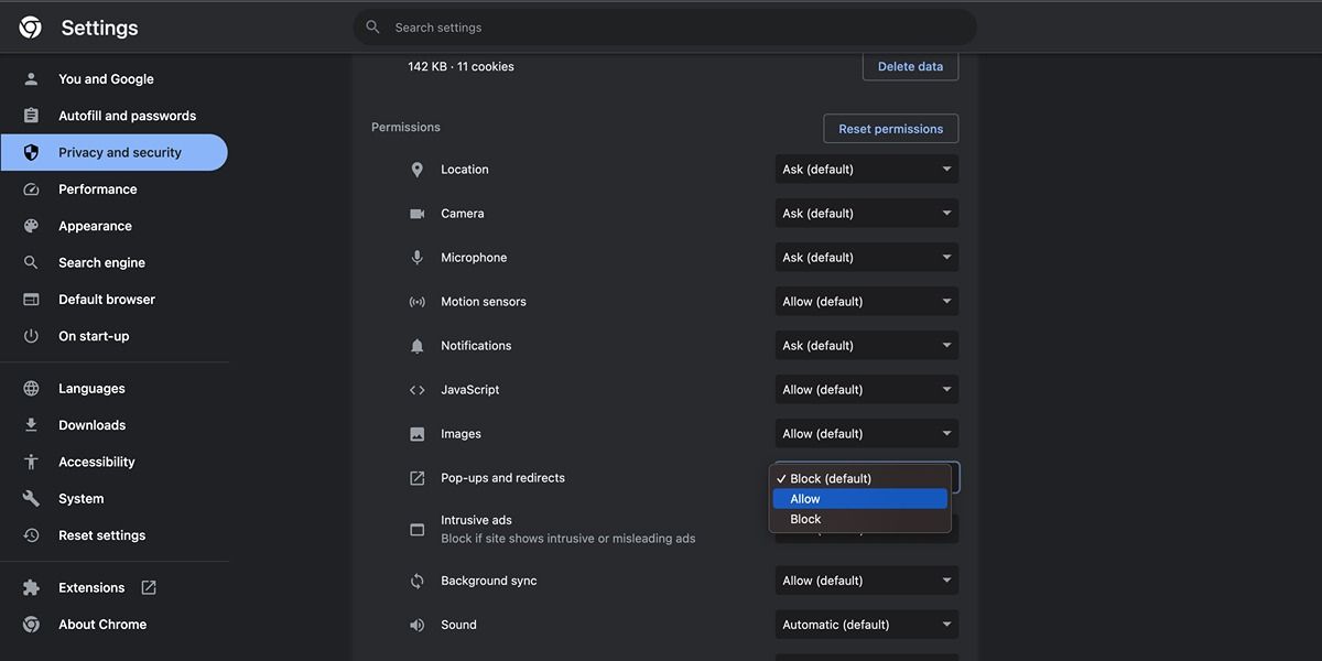 временное разрешение всплывающих окон в Chrome