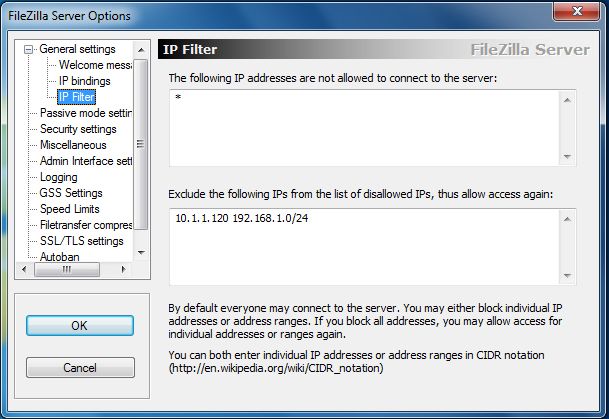 IP-фильтр в FileZilla