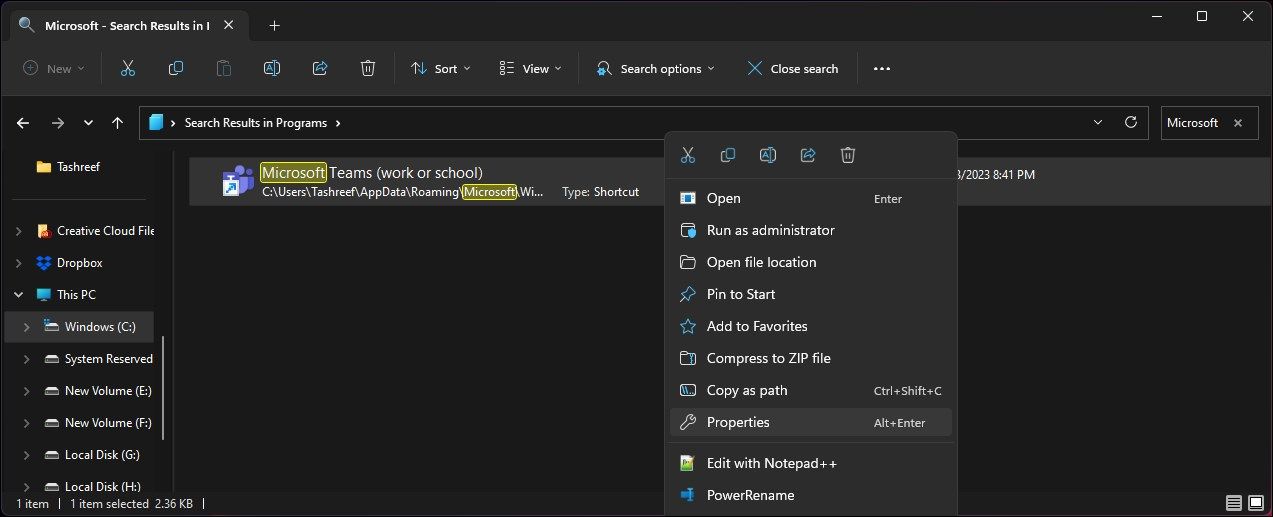 Свойства ярлыка Microsoft Teams