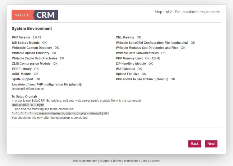 Проверка предустановок SuiteCRM