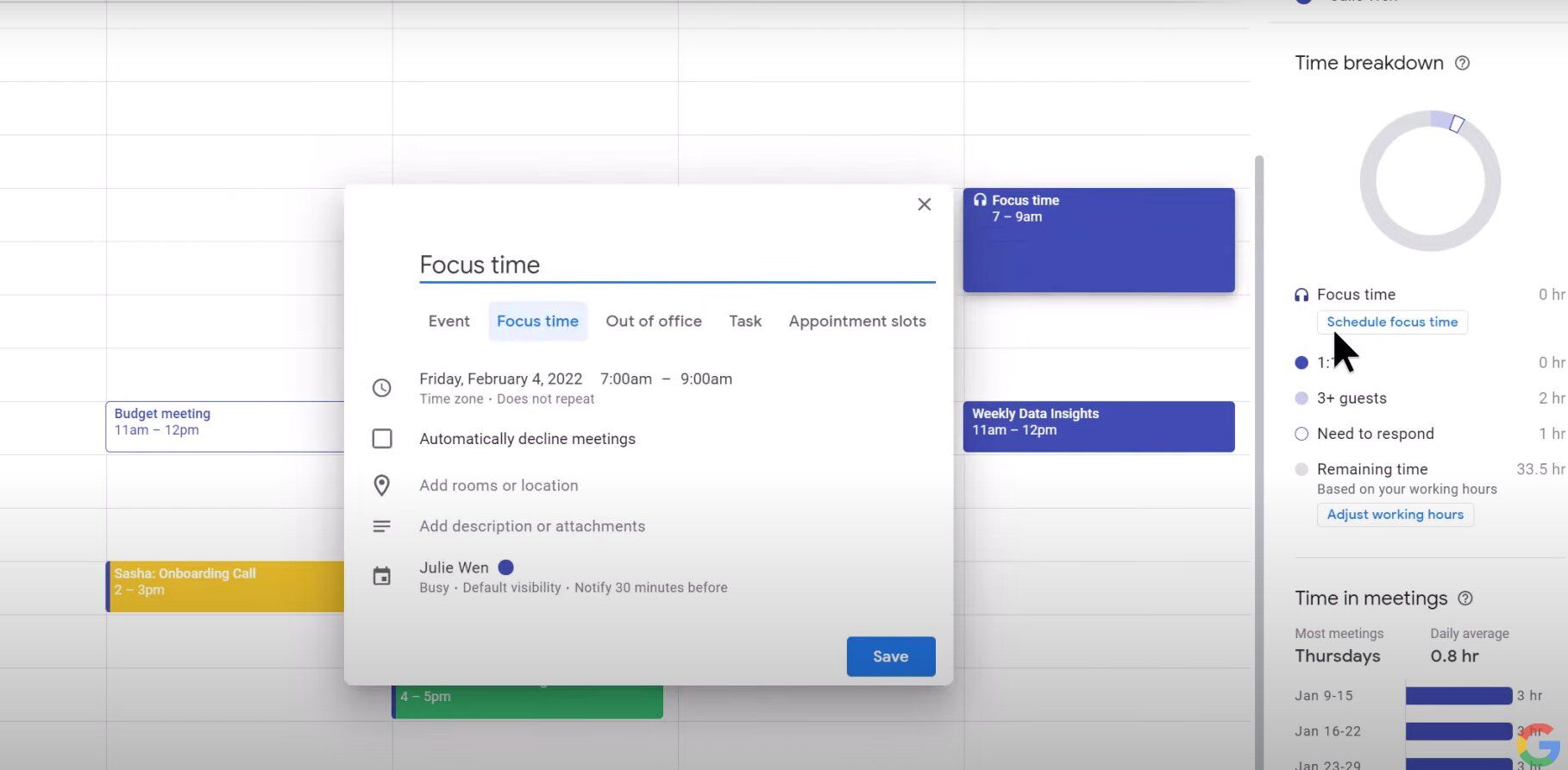 Focus Time View on Google Calendar on PC