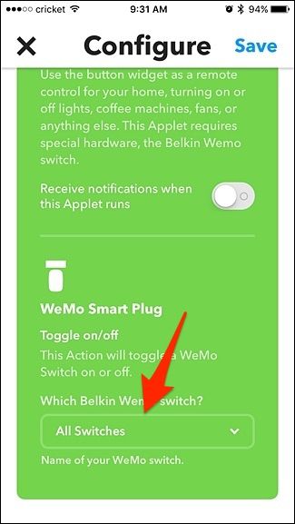 Выбор устройства в настройках виджета IFTTT на iPhone
