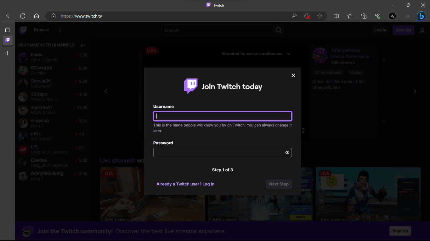 Pantalla de inicio de sesión de Twitch