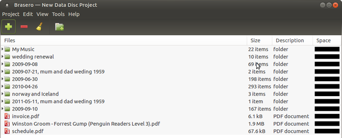 скриншот интерфейса Brasero при выборе проекта записи