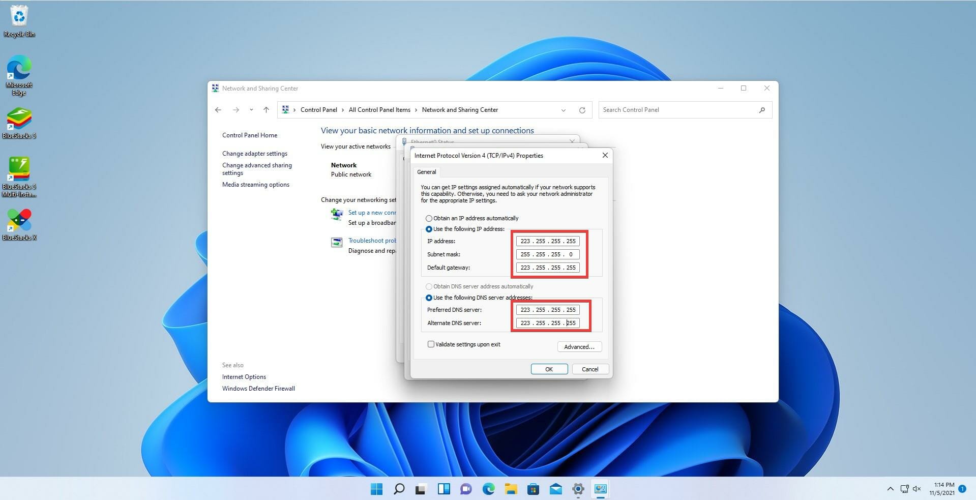 Campi per indirizzo IP, subnet mask, gateway e DNS manuale