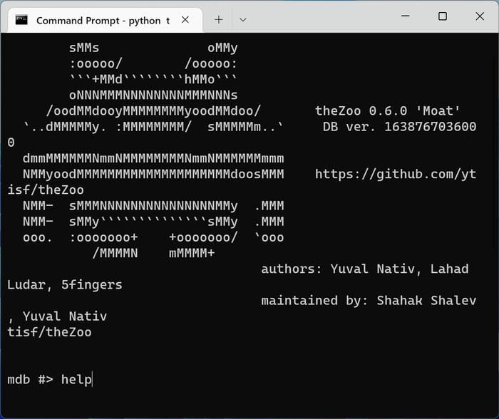 Консоль theZoo: список доступных команд через help