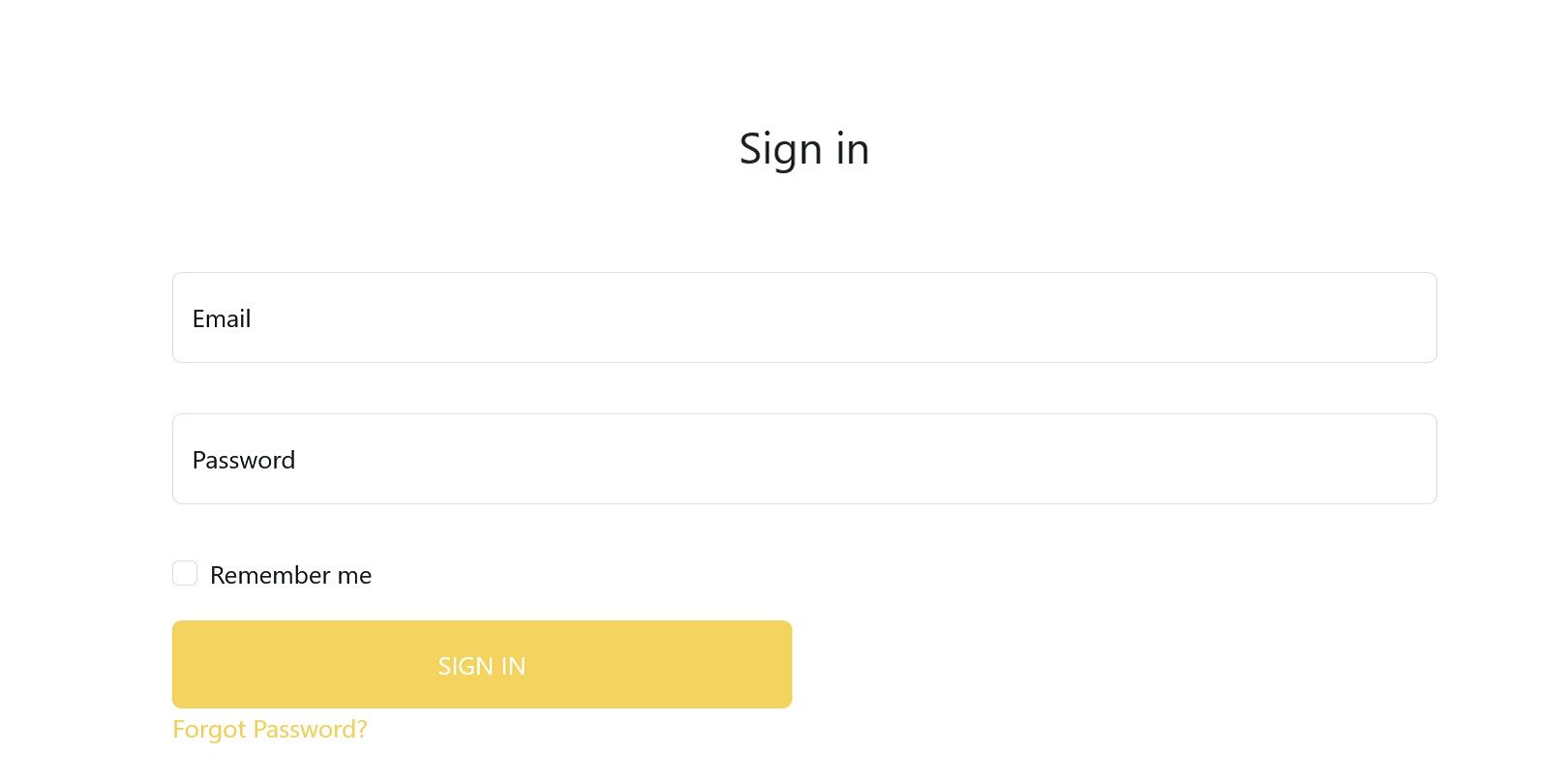 Форма входа с полями email, пароль и «Запомнить меня», жёлтая кнопка ВОЙТИ и ссылка «Забыли пароль?»