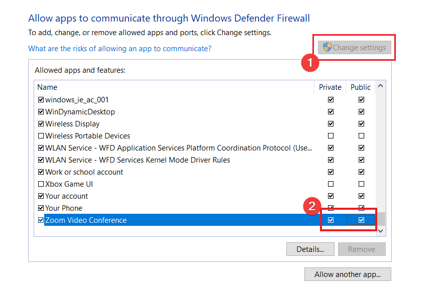 Настройки брандмауэра: Zoom отмечен для частных и публичных сетей