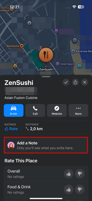 Опция «Добавить заметку» в экране сохранённой локации Apple Maps.