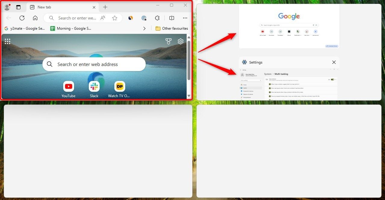 Размещение нескольких окон с помощью Snap Layouts в Windows.