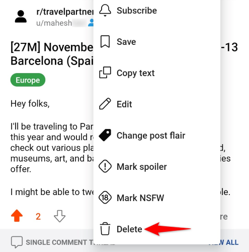 Опция Удалить в меню мобильного приложения Reddit
