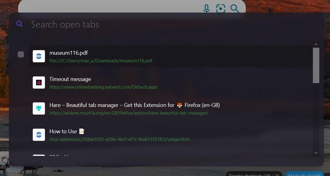 Интерфейс Hare с окном поиска открытых вкладок