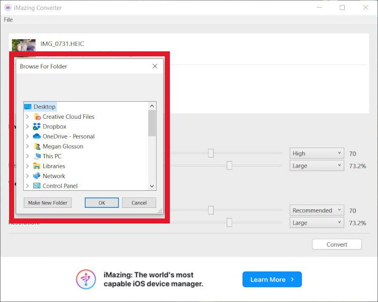 Выбор папки в iMazing