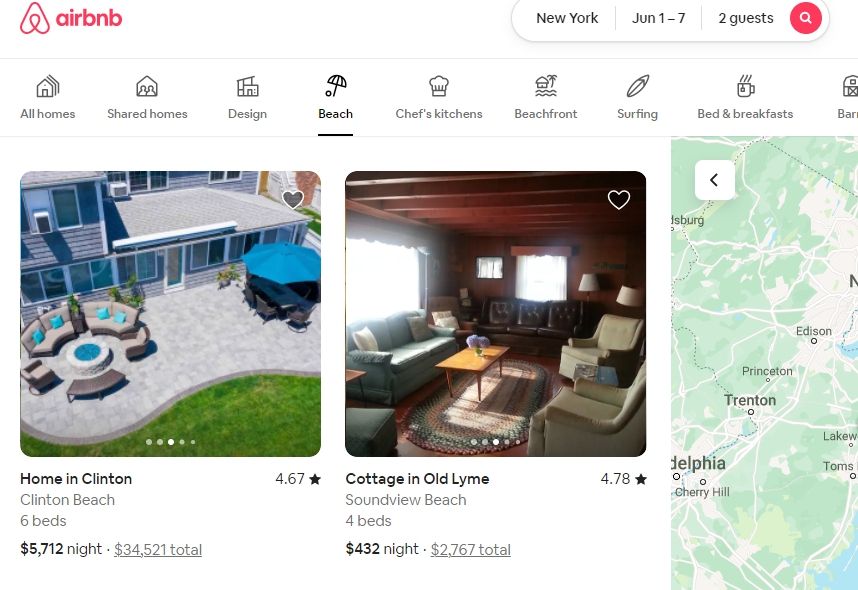 скриншот списка объявлений Airbnb