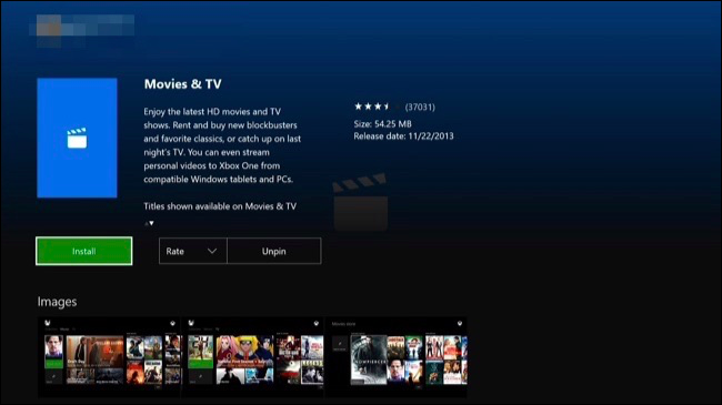 Страница приложения Movies & TV в Xbox Store для установки