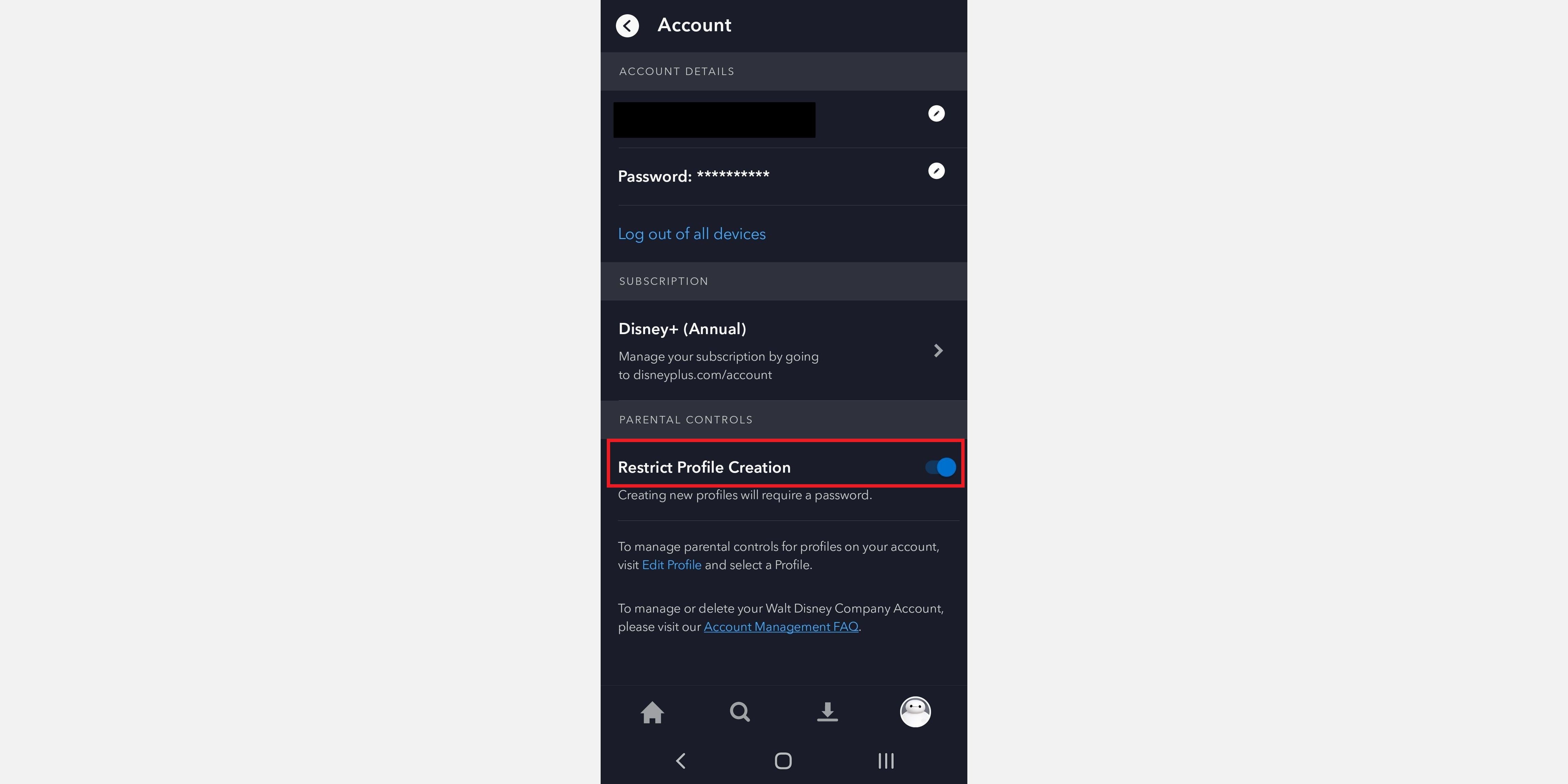 Ограничение создания профилей в мобильном Disney+