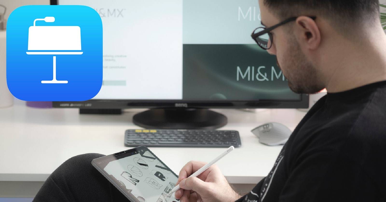 Мужчина рисует на iPad в Keynote