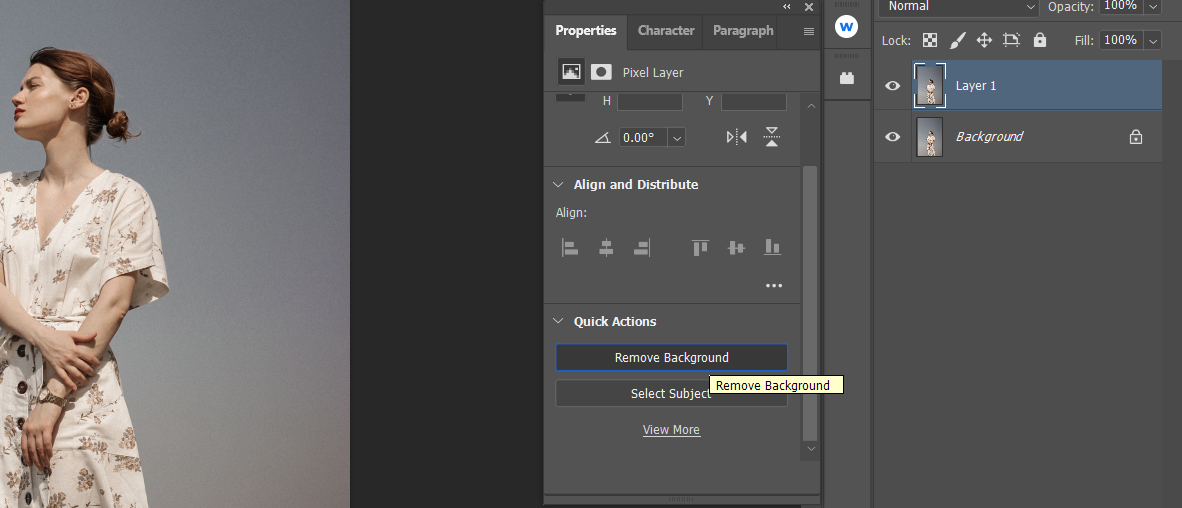 Кнопка Remove Background в панели Properties