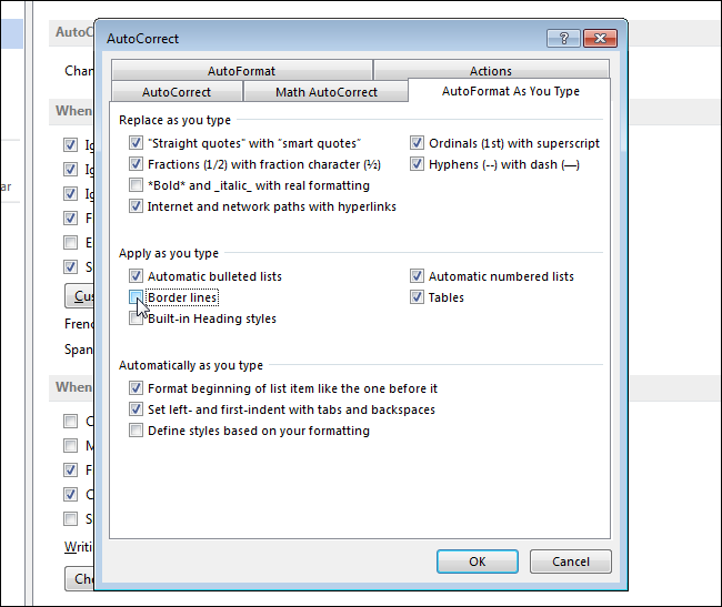 Снятие флажка с опции Границы