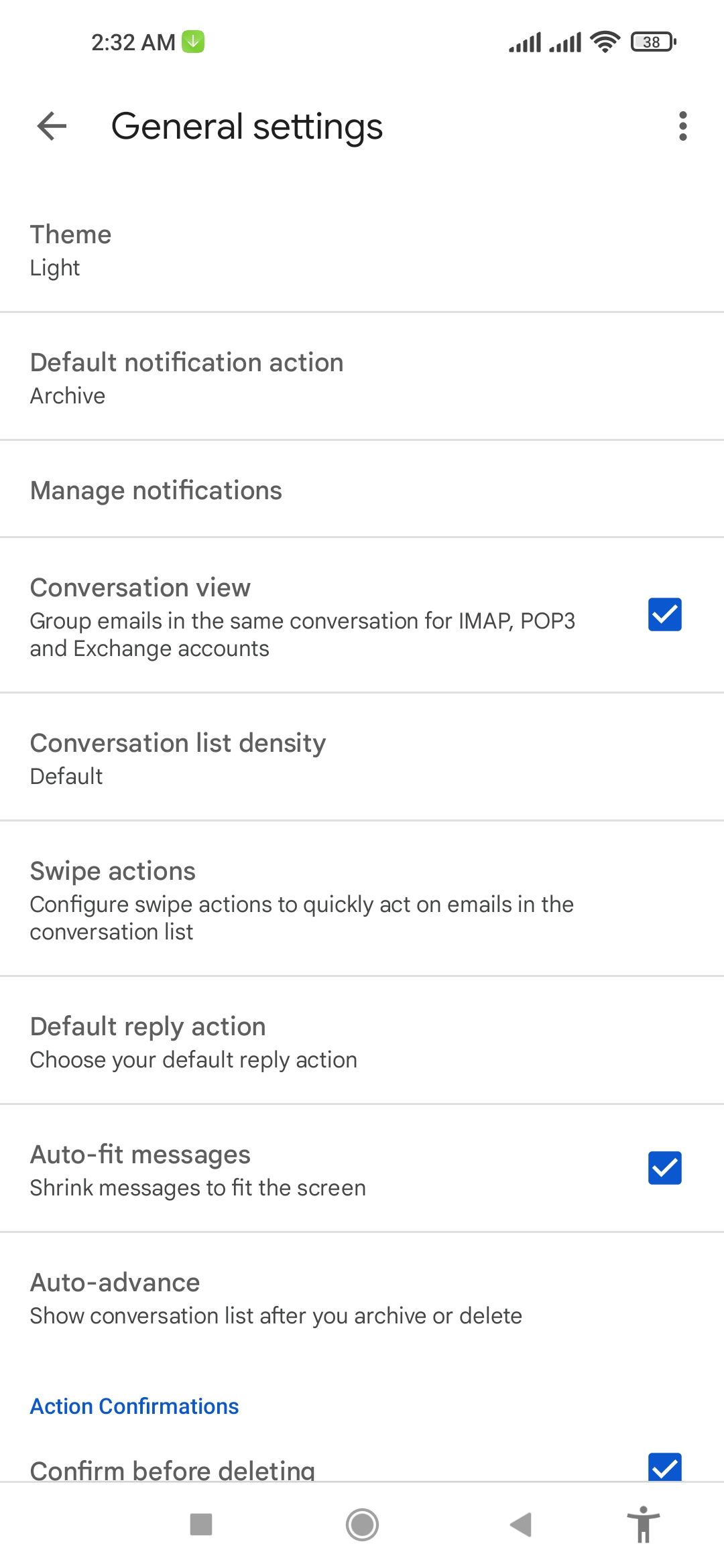 Выбор темы в настройках Gmail — список опций