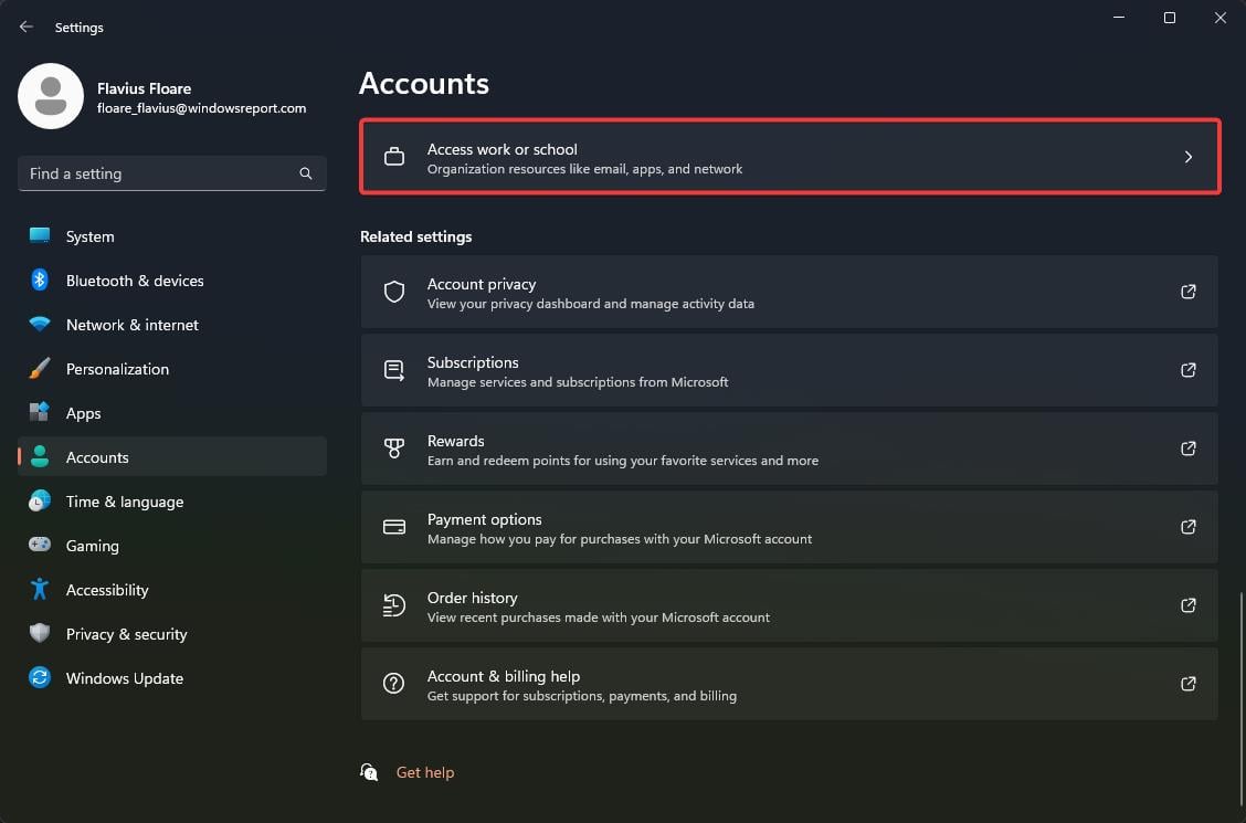 Параметр Доступ к рабочим или учебным ресурсам в настройках Windows
