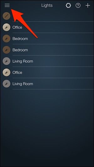 Меню iConnectHue — кнопка в левом верхнем углу